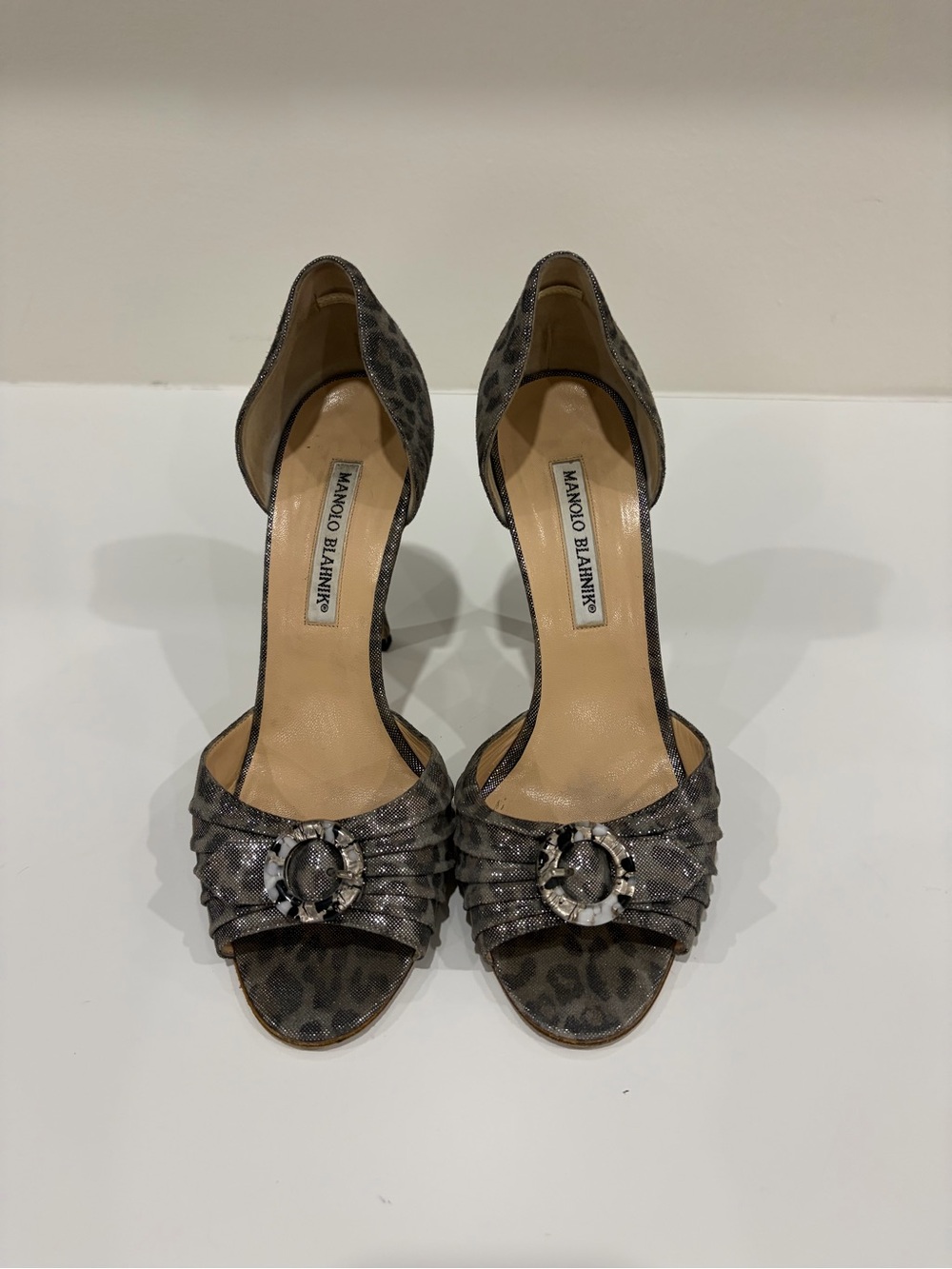 Manolo Blahnik Metallic Gray Leopard D'Orsay Open-Toe Heels mint condition